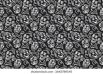 Whimsical Pattern of Cartoon Faces with Exaggerated Expressions
