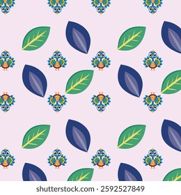 Whimsical Pattern of Colorful Birds and Leaves on Light Pink Background