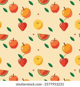 Whimsical Pattern of Colorful Fruits and Leaves