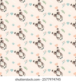 Whimsical Pattern of Cute Pandas, Hearts, and Flowers on Beige Background
