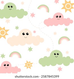 A whimsical pattern featuring cheerful clouds, rainbows, and stars, perfect for children's rooms or playful projects.