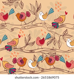 A whimsical pattern featuring colorful birds on branches with he