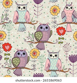 A whimsical pattern featuring colorful owls and flowers, ideal f