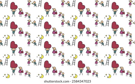 A whimsical pattern featuring hand-drawn stick figures, hearts, stars, and moons, creating a playful and endearing design suitable for children's projects and cheerful backgrounds