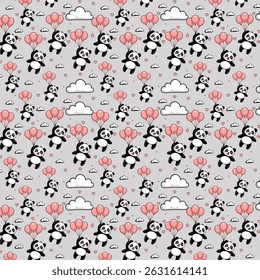 A whimsical pattern featuring playful pandas among clouds and pink balloons, set against a light gray background. This fun and charming design is perfect for children's products, textiles, 