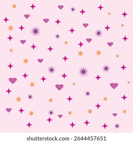 Whimsical pattern featuring scattered hearts, stars, and abstract bursts on a light pink background
