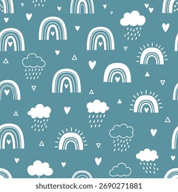 Um padrão caprichoso com arco-íris simples e nuvens com corações e triângulos em um fundo azul-petróleo.