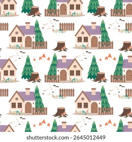 A whimsical pattern featuring small houses, trees and stumps with mushrooms. Houses with purple roofs, fences and white walls are surrounded by green trees and minimalist mushrooms. Vector
