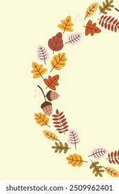 A whimsical pattern featuring various autumn leaves, acorns, and small trees on a soft pink background. 