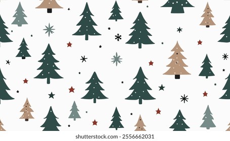 A whimsical pattern featuring various stylized Christmas trees in shades of green, beige, and light blue, interspersed with stars and snowflakes against a white background. 