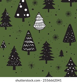 A whimsical pattern featuring various stylized Christmas trees in black and white against a vibrant green background. 