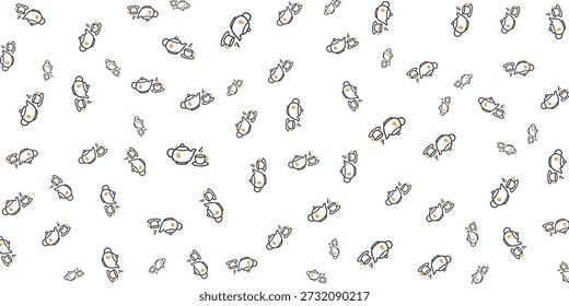 Um padrão caprichoso de bules e xícaras de chá desenhados à mão espalhados por um fundo branco, criando uma estética encantadora e divertida.