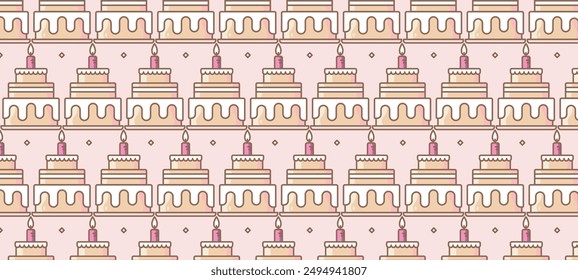 A whimsical pattern of layered birthday cakes with pink candles