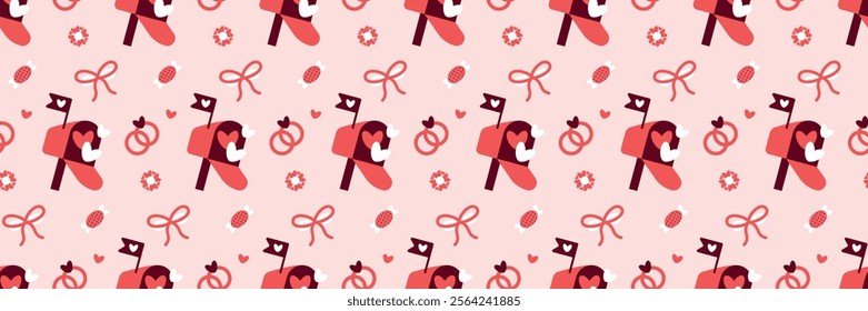 Whimsical Valentine’s Pattern with Mailboxes, Rings, and Candy Valentines Day seamless pattern Long horizontal web cover banner, sale header, voucher template. Wedding, packaging, wrapping paper,