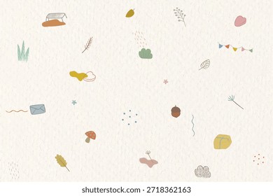 Patrón caprichoso con garabatos temáticos de la naturaleza: hojas, bellotas y hongos. Diseño juguetón, colorido e inspirado en la naturaleza con Vectores de recursos de diseño de fondo de Elementos caprichosos.