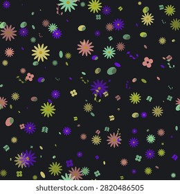 A whimsical pattern of pastel wildflowers and ovals adrift on a deep charcoal canvas. Ideal for invitations or decorative backgrounds.