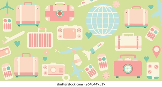 A whimsical pattern of pastel-colored travel icons, including suitcases, airplanes, a globe, and other travel-related items. The design is simple and childlike, with a light green background.