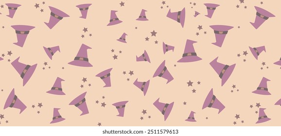 A whimsical pattern of purple witch hats with brown bands and scattered brown stars on a peach background