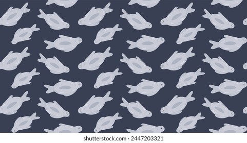 A whimsical pattern showcasing playful fur seals in white over a deep navy blue background, perfect for marine-themed fabric and decor.