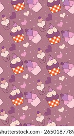 Um padrão caprichoso se desenrola com uma série de charmosos cupcakes adornados com redemoinhos suaves de geada em tons pastel, contrastando deliciosamente com um fundo mauve rico.