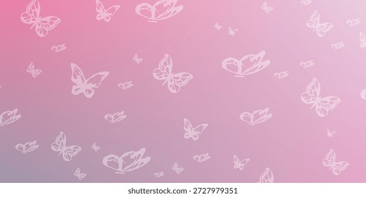 Ein skurriles Muster aus weißen Schmetterlingssilhouetten auf einem glatten rosa bis violetten Farbverlauf.