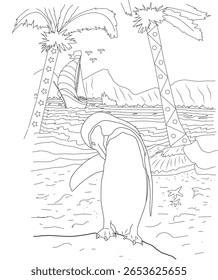 Pinguim Whimsical em uma praia tropical colorir página do livro - ilustração detalhada da arte da linha para crianças e adultos com palmeiras, ondas do oceano, veleiro, e montanhas
