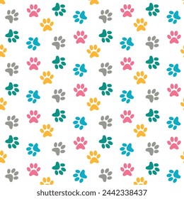 Whimsical Pet Paws Delight: A Vibrant Vector Pattern for Animal Lovers. Perfect for adding charm to animal-related projects, from pet products to children's illustrations