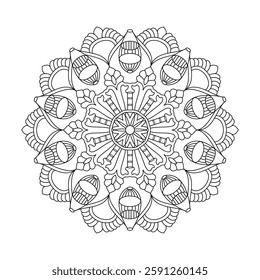 Whimsical Petals mandala coloring book page for Kids. Easy Mandala Coloring Book Pages for Adults to Relax, Experiences Give Relief. Resizeable Vector File