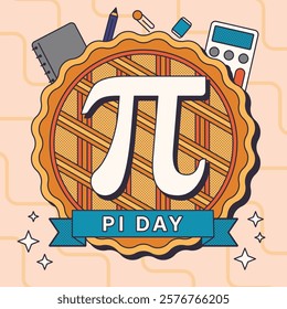 Whimsical Pi Day Celebration Design with Pie, Calculator, and Stationery Elements