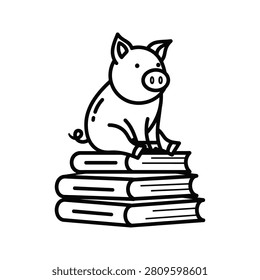 Whimsical pig character perched on literary volumes a charming visual for concepts like childhood literacy animal farm stories or agricultural education initiatives.