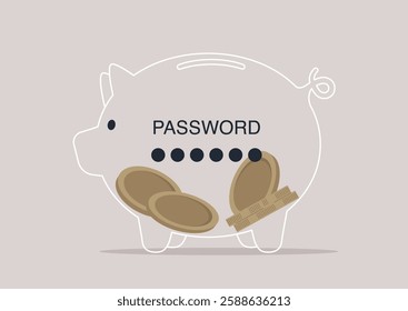 A whimsical piggy bank features a password entry interface, illustrating the fusion of traditional saving with contemporary technology, perfect for the digital age