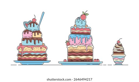 Whimsical piles of cakes and ice cream vector designs for food lovers