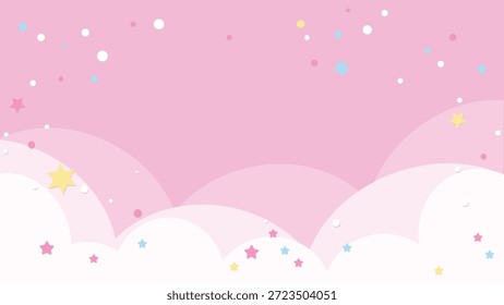 Un fondo rosado caprichoso con nubes blancas y estrellas de confeti de colores esparcidos a través de un cielo pastel suave para la decoración de fiesta o tema de celebración con ilustración caprichosa