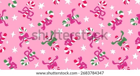 Whimsical pink candy cane seamless background. Cute Christmas lollipops with bows, stars, festive winter wrapping paper vector