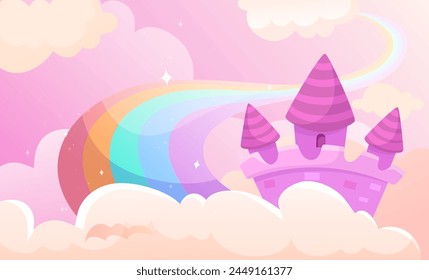 A whimsical pink castle atop clouds with a colorful rainbow, in a cartoon style on a pastel background, concept of fantasy. Vector illustration
