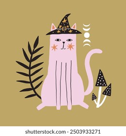 A whimsical pink cat adorned with a witch hat, surrounded by mystical symbols and plants, creating a magical and enchanting atmosphere