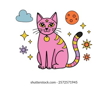 Whimsical Pink Cosmic Cat Illustration with Stars and Planets