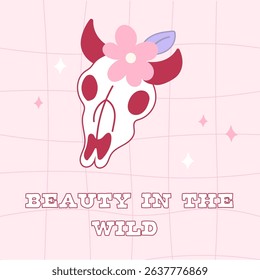 Whimsical Pink Cowgirl cow Skull with Flower and Cute Lettering