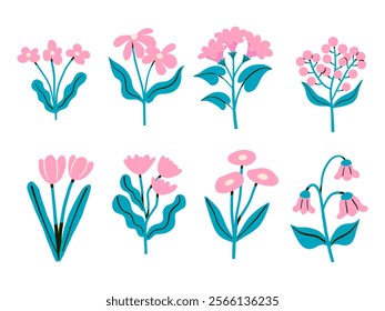 Whimsical Pink Flowers with Teal Leaves. A collection of 8 playful floral and berry designs featuring pink hues and bold teal leaves, ideal for vibrant and modern botanical projects