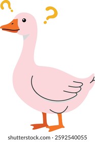 A whimsical pink goose stands with a confused look, surrounded by question marks, embodying a lighthearted and humorous atmosphere in this vibrant vector art.