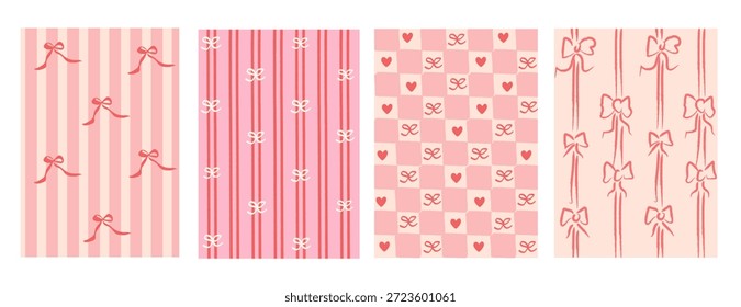 Caprichosos corazones de color rosa y arcos patrón conjunto con rayas y fondos a cuadros. Juguetones diseños de inspiración retro romántico para la boda de San Valentín papelería scrapbooking embalaje y marca creativa