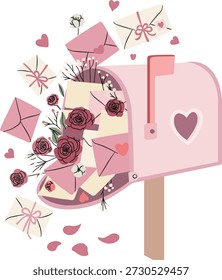 Ein skurriler rosafarbener Briefkasten voller Umschläge, Rosen und Herzen, der Liebe und Kommunikation symbolisiert.