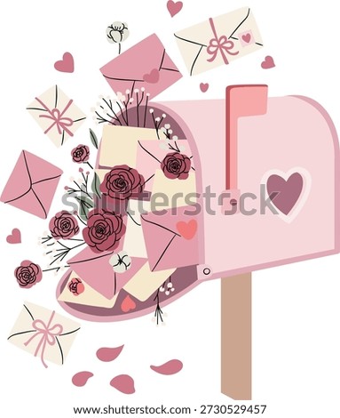 A whimsical pink mailbox filled with envelopes, roses, and hearts, symbolizing love and communication.