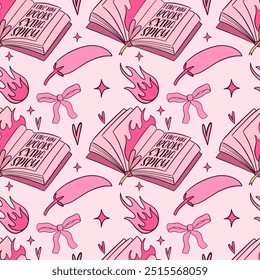 A Whimsical Pink Pattern Featuring Enchanting Books, Colorful Flames, and Artisan Designs Galore