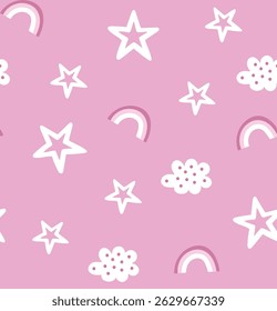 Whimsical Pink Pattern with Stars, Rainbows, and Clouds