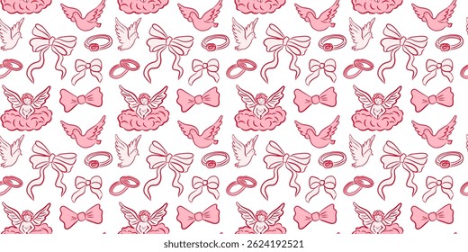 A whimsical pink pattern that features cute bows and lovely angels, perfect for decoration