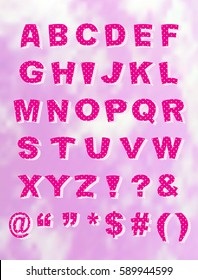 Whimsical pink polka-dot block font with a bloated look, with block shadow. Background is bonus gradient mesh design.  Vector EPS-10 file, transparency used. 