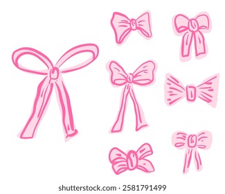 Whimsical Pink Ribbon Illustration Set Charming and Playful Design For Cute Craft Projects