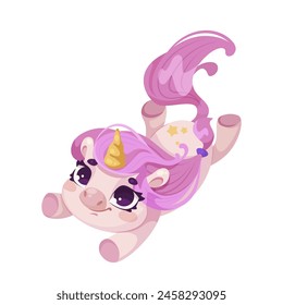 A whimsical pink unicorn character with a golden horn, floating upside down, on a white background, Vector illustration. Vector illustration