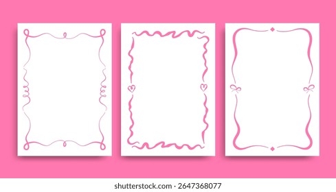 Whimsical pink wedding-themed frames with playful hand-drawn lines and bows on white cards, perfect for romantic invitations